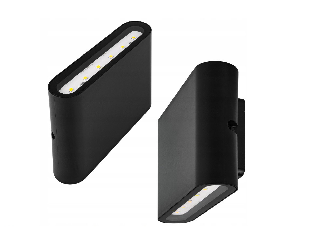 Kinkiet elewacyjny Gantio w kolorze czarnym z dwoma diodami LED o mocy 6W, temperaturze barwowej 4000K i klasie ochrony IP44. Produkt ma prostokątny kształt, zamontowany na ścianie, z widocznymi diodami na górnej części.