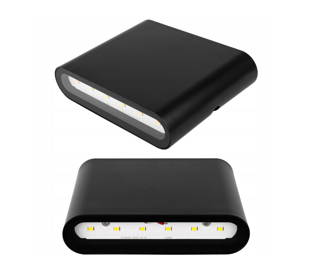 Kinkiet elewacyjny Gantio w kolorze czarnym, z dwiema diodami LED o mocy 6W i temperaturze barwowej 4000K. Posiada prostokątny kształt, gładką powierzchnię i jest przeznaczony do montażu na zewnątrz (IP44). Ujęcie z boku i z przodu.