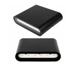 Kinkiet elewacyjny Gantio w kolorze czarnym, z dwiema diodami LED o mocy 6W i temperaturze barwowej 4000K. Posiada prostokątny kształt, gładką powierzchnię i jest przeznaczony do montażu na zewnątrz (IP44). Ujęcie z boku i z przodu.