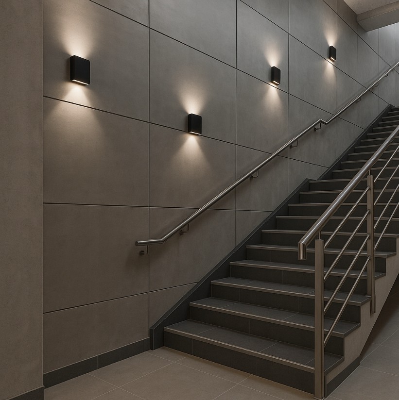 Gantio kinkiet elewacyjny 2xLED 6W 4000K IP44 w kolorze czarnym, montowany na ścianie wzdłuż schodów. Produkt posiada prostokątny kształt i emituje ciepłe światło, idealny do oświetlenia przestrzeni zewnętrznych.