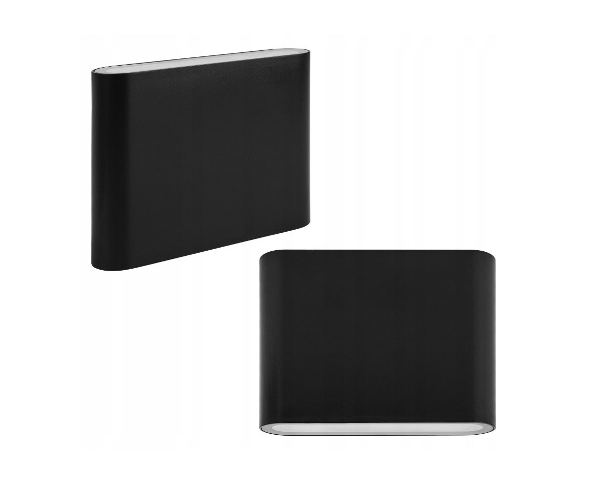 Kinkiet elewacyjny Gantio w kolorze czarnym, wykonany z materiału o matowej fakturze. Wyposażony w dwa źródła światła LED 6W, emitujące neutralne światło 4000K. Przedstawiony w dwóch pozycjach: w pionie i poziomie, z zaokrąglonymi krawędziami.