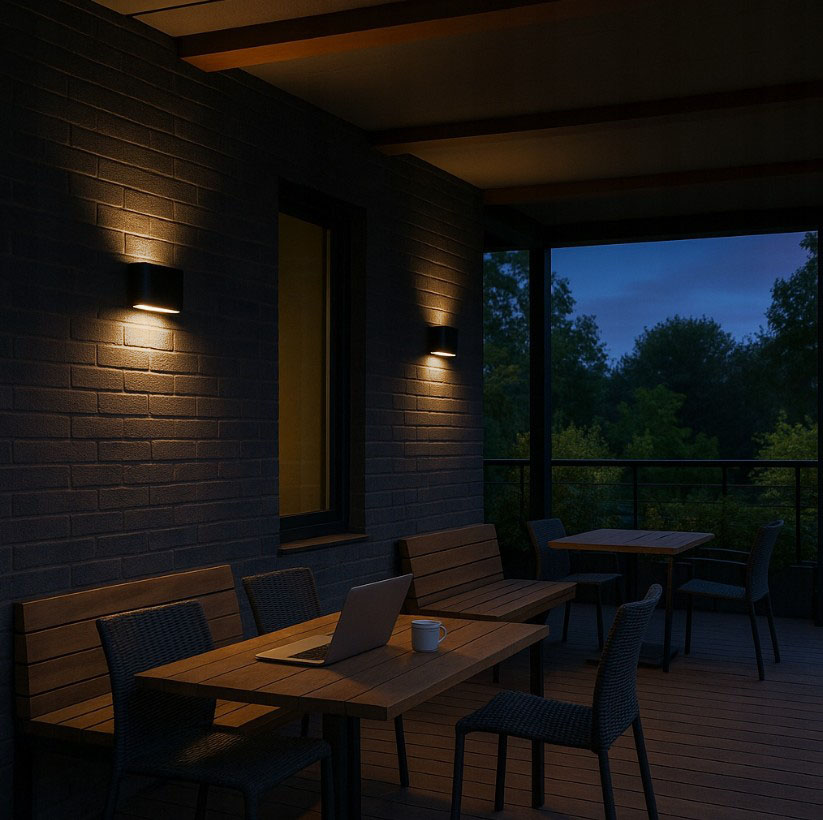 Kinkiet elewacyjny Gantio w kolorze czarnym, z dwoma źródłami LED 6W, 4000K. Montowany na ścianie, emituje ciepłe światło, oświetlając otoczenie. Widoczny w aranżacji z drewnianymi meblami na tarasie, w nocy. Ochrona IP44.