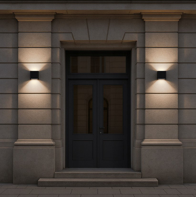 Kinkiet elewacyjny Gantio w kolorze czarnym, z dwoma źródłami LED 6W o temperaturze barwowej 4000K, zamontowany na ścianie obok drzwi. Prosty kwadratowy kształt, iluminacja podkreślająca architekturę budynku. IP44, odporność na warunki atmosferyczne.