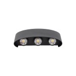 Kinkiet elewacyjny Arrow w kolorze czarnym, z trzema okrągłymi źródłami światła LED, o mocy 6W, z klasą szczelności IP54. Produkt widoczny z przodu, z zaokrąglonym kształtem i gładką powierzchnią. Idealny do użytku zewnętrznego.