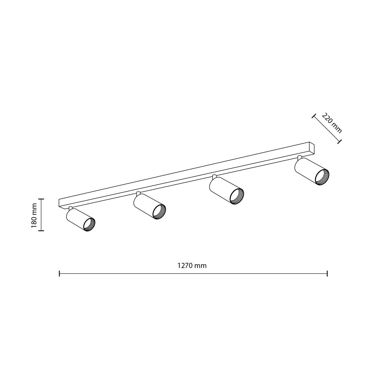 Lampa sufitowa Amis w kolorze białym z czterema reflektorami GU10. Ułożona poziomo, długość 1270 mm, wysokość 180 mm, szerokość 20 mm. Prosty, nowoczesny design odpowiedni do różnych wnętrz.