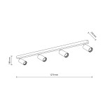 Lampa sufitowa Amis w kolorze białym z czterema reflektorami GU10. Ułożona poziomo, długość 1270 mm, wysokość 180 mm, szerokość 20 mm. Prosty, nowoczesny design odpowiedni do różnych wnętrz.