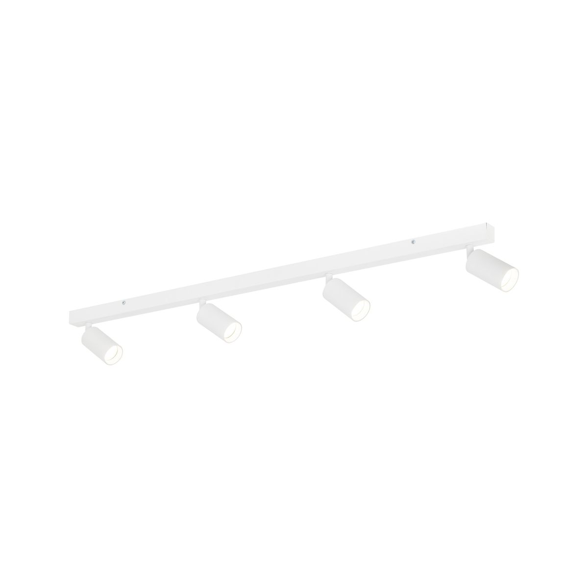 Lampa sufitowa Amis w kolorze białym z czterema reflektorami GU10, zamontowana na prostokątnej, metalowej listwie. Reflektory mają cylindryczny kształt i są skierowane w różnych kierunkach, co umożliwia regulację oświetlenia.
