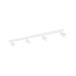 Lampa sufitowa Amis w kolorze białym z czterema reflektorami GU10, zamontowana na prostokątnej, metalowej listwie. Reflektory mają cylindryczny kształt i są skierowane w różnych kierunkach, co umożliwia regulację oświetlenia.