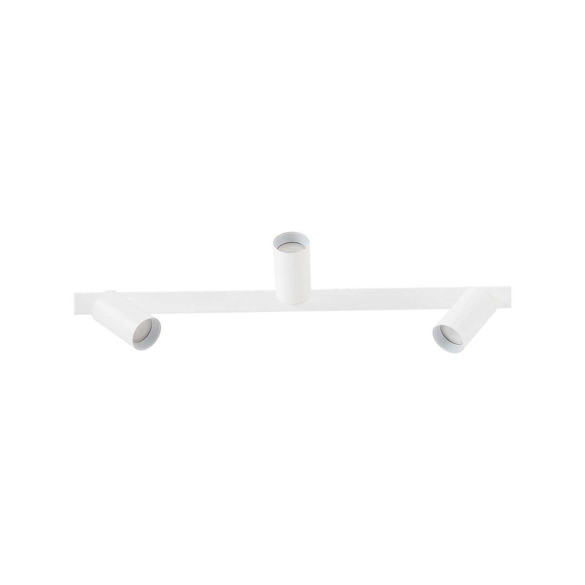 Biała lampa sufitowa Amis z trzema oprawami GU10, umieszczona na prostokątnej belce. Kąt ujęcia frontalny, ukazujący równomierne rozmieszczenie lamp. Zewnętrzna powierzchnia gładka, minimalistyczny design.