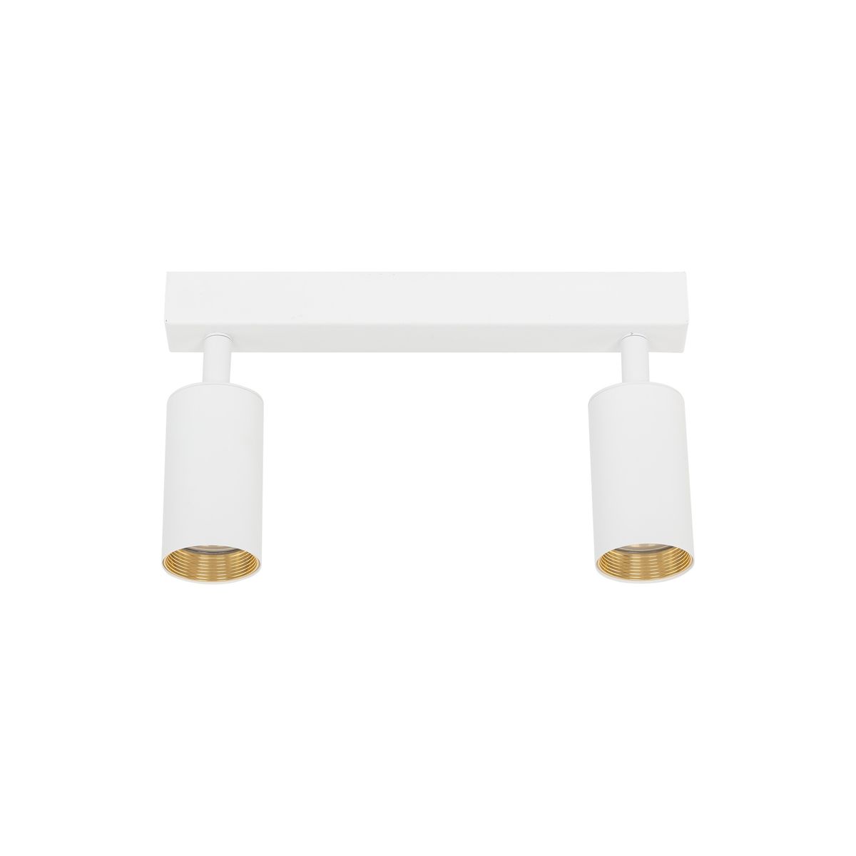 Biała lampa sufitowa Amis z dwoma oprawami GU10. Posiada prostokątną podstawę i cylindryczne klosze z złotymi gwintami, zamontowana pod kątem, na jednolitym białym tle. Idealna do oświetlenia wnętrz.