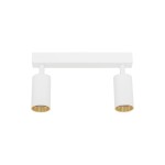 Biała lampa sufitowa Amis z dwoma oprawami GU10. Posiada prostokątną podstawę i cylindryczne klosze z złotymi gwintami, zamontowana pod kątem, na jednolitym białym tle. Idealna do oświetlenia wnętrz.