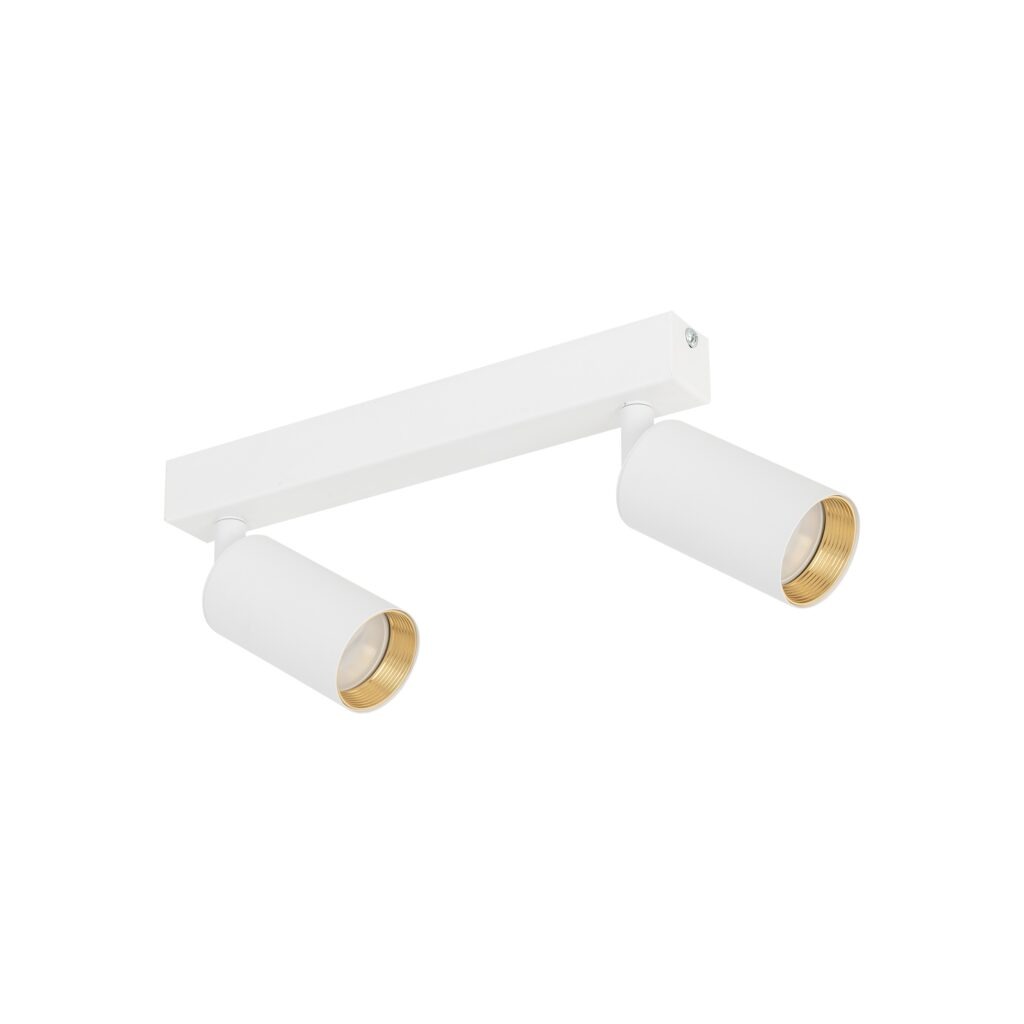 Biała lampa sufitowa Amis z dwoma punktami świetlnymi, z metalowymi kloszami w kolorze złotym. Umożliwia zastosowanie żarówek GU10. Montowana na prostokątnej podstawie, prezentuje nowoczesny design, idealna do różnych wnętrz.
