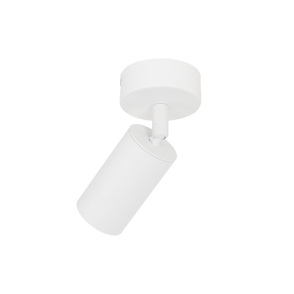 Biała lampa sufitowa typu spot z jednym gniazdem GU10. Ma cylindryczny kształt, zamontowana na okrągłej podstawie. Ujęcie z dołu, pokazujące obracaną głowicę lampy. Prosta, minimalistyczna konstrukcja, idealna do nowoczesnych wnętrz.