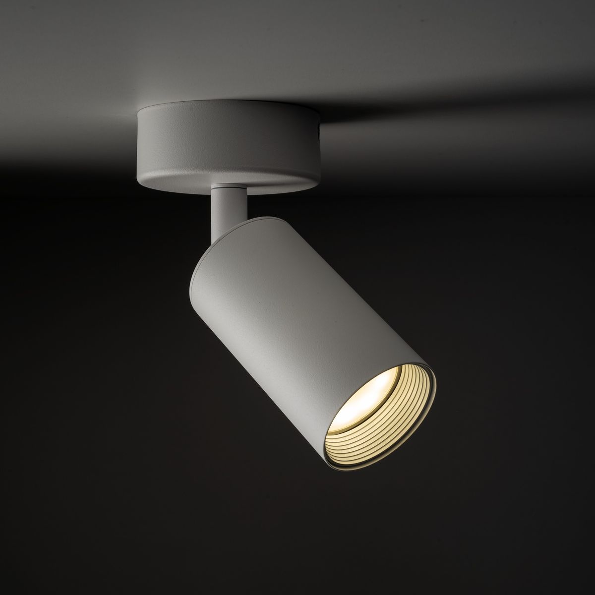 Biała lampa sufitowa Amis, z pojedynczym spotem na żarówkę GU10, o cylindrycznym kształcie, zamontowana na okrągłej podstawie. Lampa skierowana jest w dół, z widocznym wnętrzem klosza z żebrowaniem. Tło w ciemnym kolorze.
