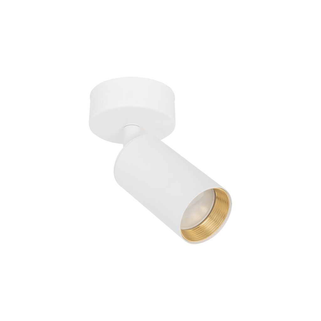 Lampa sufitowa spot Amis 1xGU10 w kolorze białym. Posiada cylindryczny klosz z widoczną złotą oprawką oraz okrągłą podstawę. Ujęcie z boku, ukazujące detal mocowania. Idealna do oświetlenia wnętrz.