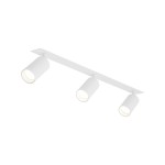 Biała lampa sufitowa podtynkowa Amis z trzema spotami GU10. Okrągłe, cylindryczne klosze zamontowane na prostokątnej podstawie. Ujęcie z boku, ukazujące ich kształt i położenie. Idealna do nowoczesnych wnętrz.