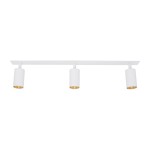 Lampa sufitowa podtynkowa Amis z trzema reflektorami GU10 w kolorze białym. Korpus z matowego materiału, wewnątrz mosiężne wykończenie. Ułożona poziomo na prostokątnej podstawie, idealna do nowoczesnych wnętrz.