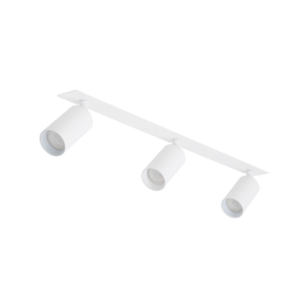 Lampa sufitowa podtynkowa Amis z trzema reflektorami na białej, prostokątnej podstawie. Reflektory mają cylindryczny kształt i są ustawione równolegle, skierowane w dół. Produkt idealny do oświetlenia pomieszczeń.