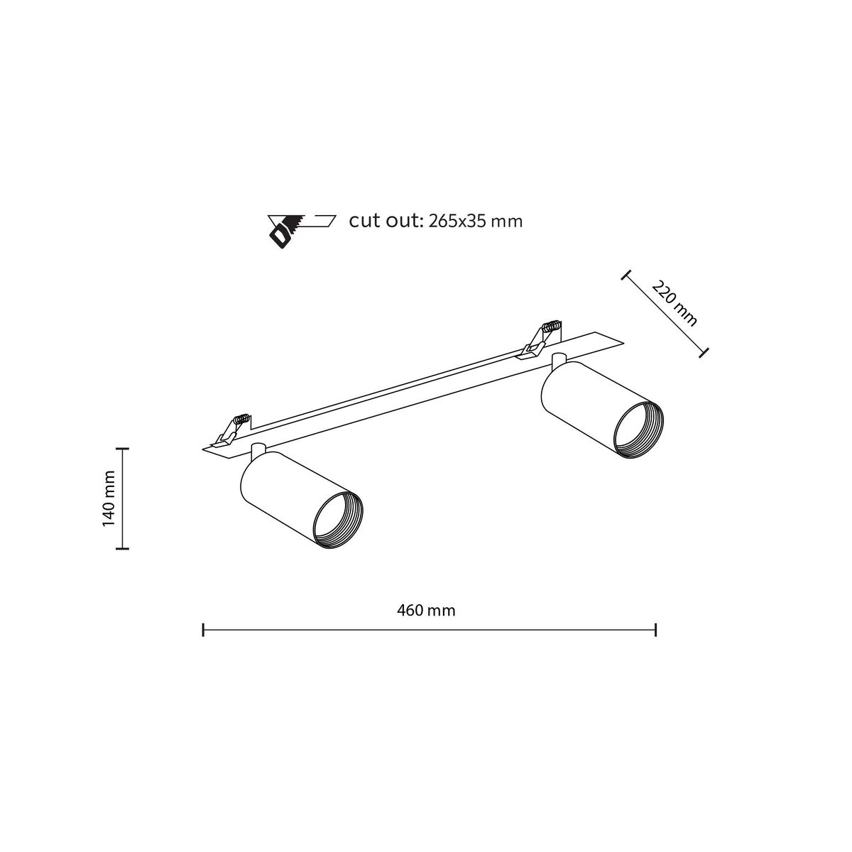 Lampa sufitowa Amis podtynkowa, kolor biały, z dwoma reflektorami GU10. Wymiary: długość 460 mm, wysokość 140 mm, szerokość 220 mm. Wymiary wycięcia: 265x35 mm. Ujęcie z góry, pokazujące szczegóły konstrukcji i mocowania.