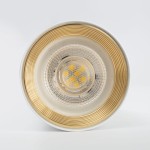 Lampa sufitowa Amis 1xGU10 w białej obudowie, z okrągłym kloszem. Wewnątrz widoczne złote akcenty oraz przezroczysta część z diodami LED. Ujęcie frontalne, pokazujące detale wykończenia i struktury klosza.