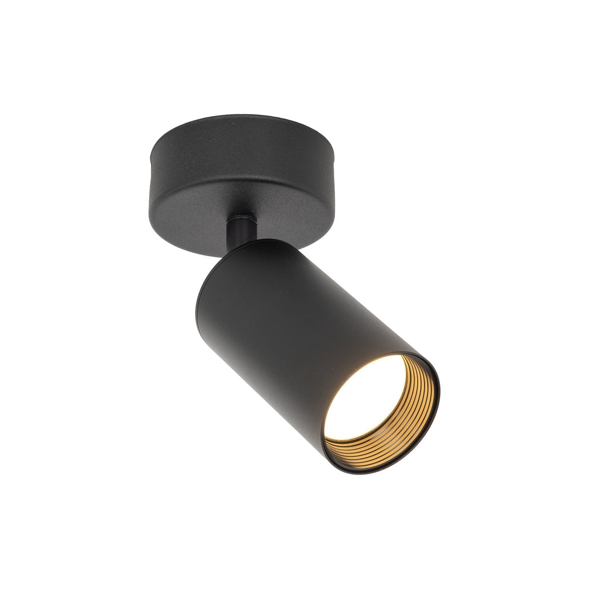 Lampa sufitowa Amis w kolorze czarnym z pojedynczym spotem na żarówkę GU10, zamontowana na okrągłej podstawie. Widziana z boku, z widocznym złotym wnętrzem oprawy, co podkreśla jej nowoczesny design.