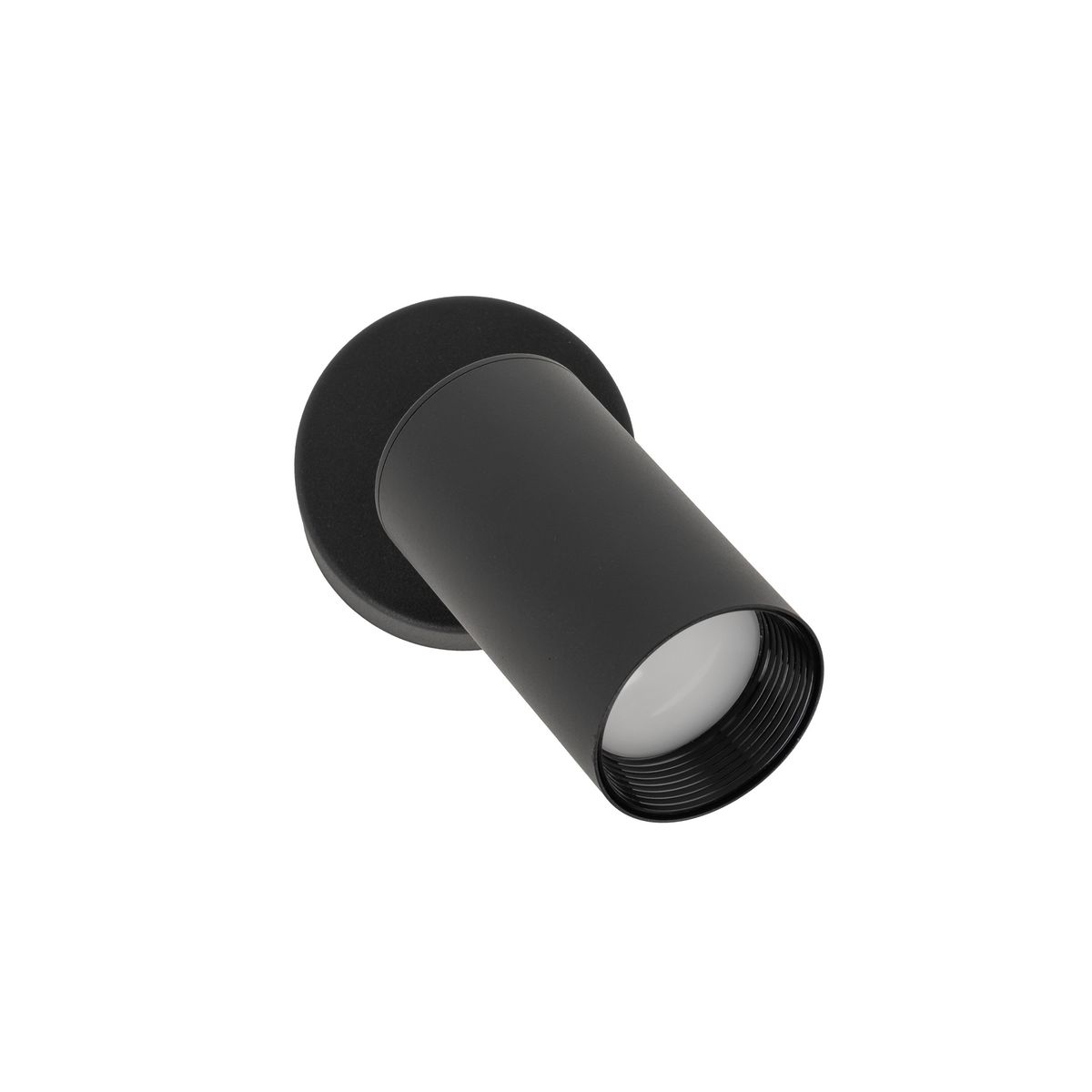 Lampa sufitowa Amis w kolorze czarnym z pojedynczym spotem na żarówkę GU10. Ujęcie z góry, pokazujące cylindryczny kształt oraz mocowanie do sufitu. Prosta, matowa faktura z białą osłoną na końcu lampy.