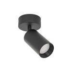 Lampa sufitowa Amis, czarna, z pojedynczym spotem na żarówkę GU10. Cylindryczny kształt z matowego metalu, zamocowana na okrągłej podstawie. Ujęcie z góry, pokazujące kąt nachylenia oraz detale mocowania.