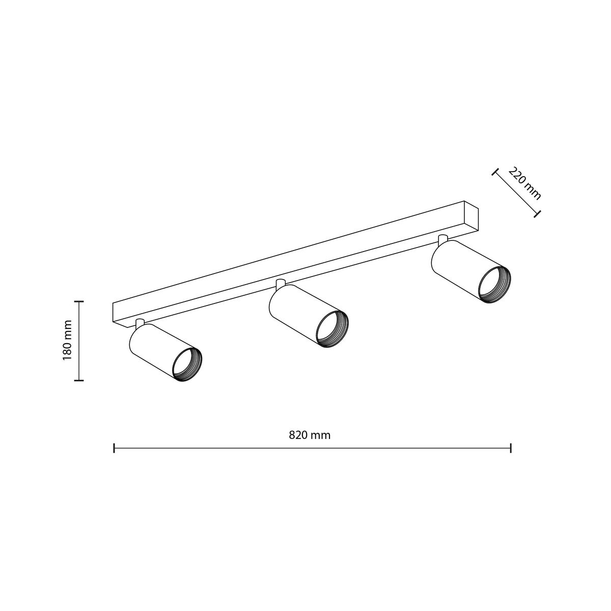 Lampa sufitowa Amis z trzema spotami, w kolorze czarnym. Wymiary: długość 820 mm, wysokość 180 mm, głębokość 220 mm. Prosty, minimalistyczny design z cylindrycznymi oprawkami na żarówki GU10.