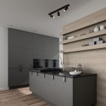 Czarna lampa sufitowa Amis z trzema punktami świetlnymi GU10, zamontowana na suficie w nowoczesnej kuchni. W tle widoczne szare szafki oraz drewniana półka z akcesoriami kuchennymi.