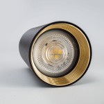 Czarna lampa sufitowa Amis z oprawą na żarówkę GU10, widoczna z przodu. Złoty pierścień wewnątrz klosza oraz przezroczysta soczewka z diodami LED. Prosty, nowoczesny design, idealny do wnętrz. Tło jasne, minimalne.