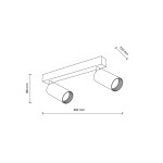 Lampa sufitowa Amis z dwoma spotami, czarna, z montażem na płaskiej podstawie. Wymiary: długość 460 mm, wysokość 180 mm, szerokość 220 mm. Otwory na żarówki GU10. Prosty, nowoczesny design, idealna do oświetlenia wnętrz.