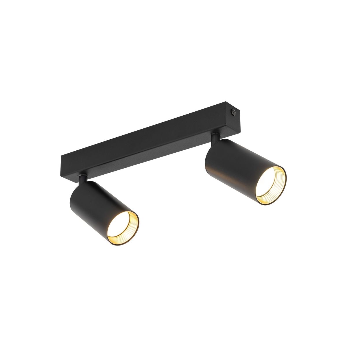 Czarna lampa sufitowa Amis z dwoma reflektorami GU10. Prosta, cylindryczna konstrukcja z matowego metalu. Reflektory ustawione na metalowym wsporniku, skierowane w różnych kierunkach, idealna do oświetlenia wnętrz.
