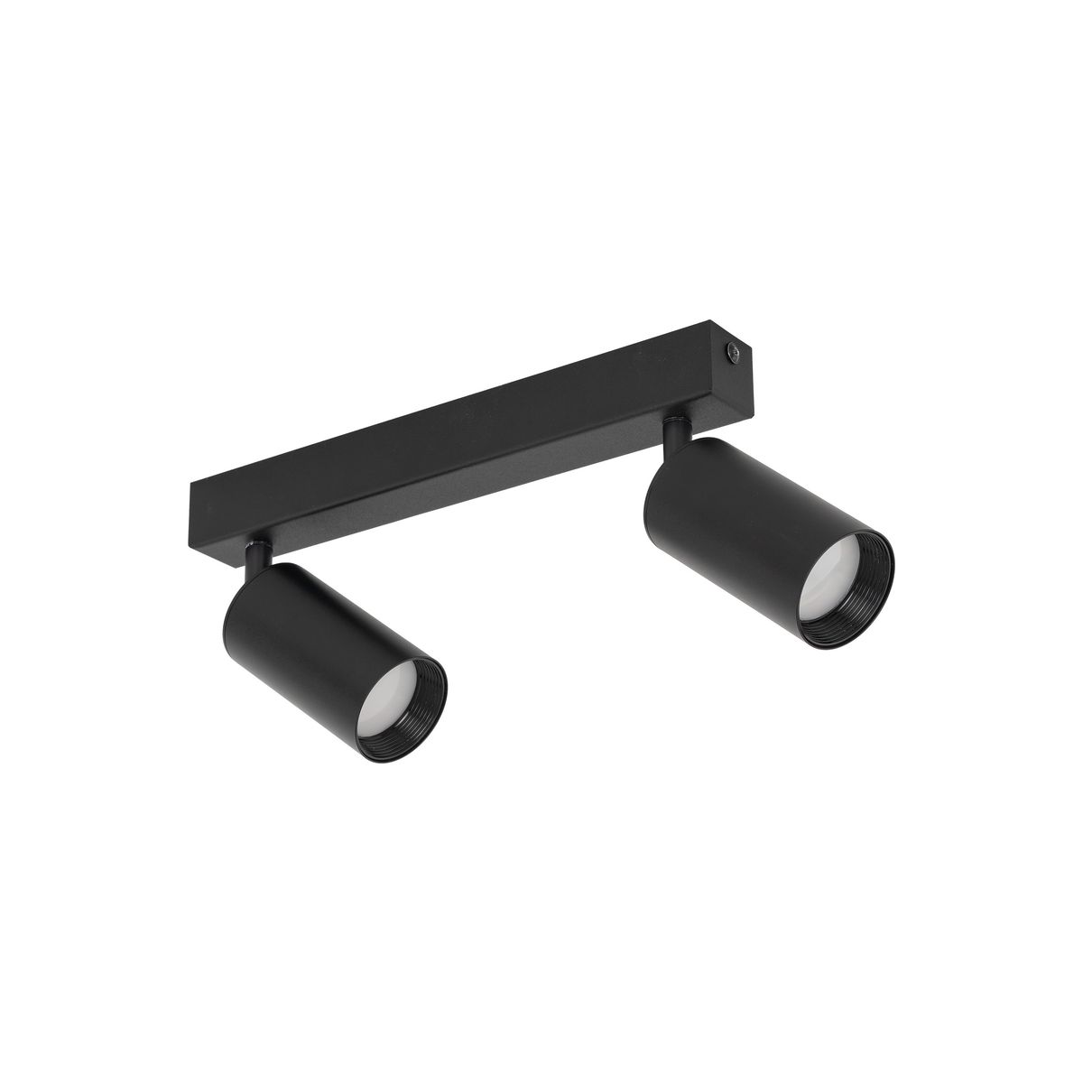 Czarna lampa sufitowa Amis z dwoma reflektorami GU10, zamocowana na prostokątnej podstawie. Reflektory mają cylindryczny kształt i są ustawione w kierunku przeciwnym, co umożliwia regulację oświetlenia.