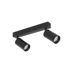 Czarna lampa sufitowa Amis z dwoma reflektorami GU10, zamocowana na prostokątnej podstawie. Reflektory mają cylindryczny kształt i są ustawione w kierunku przeciwnym, co umożliwia regulację oświetlenia.