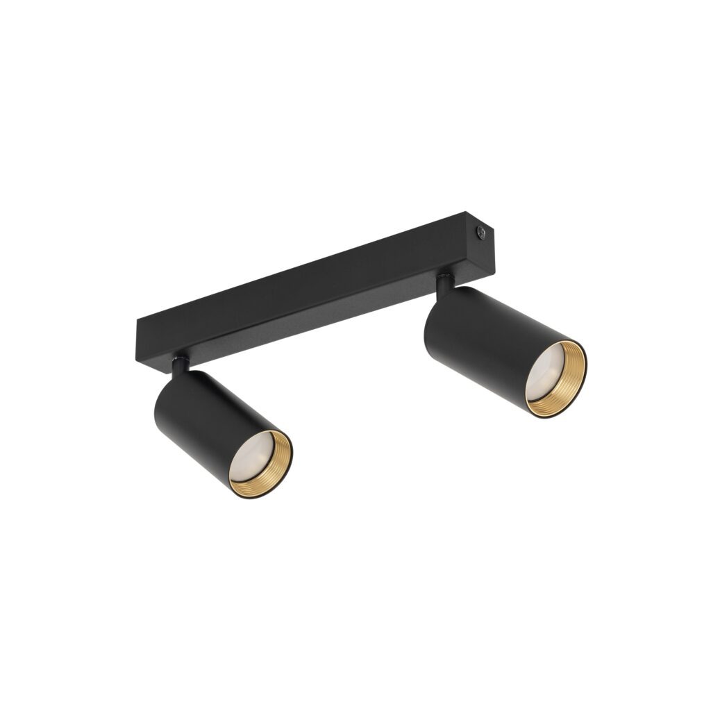 Czarna lampa sufitowa Amis z dwoma ruchomymi spotami na stelażu. Każdy reflektor ma metalowe wykończenie w kolorze złotym wewnątrz. Produkt umieszczony jest w pozycji poziomej, z widocznymi miejscami na żarówki GU10.