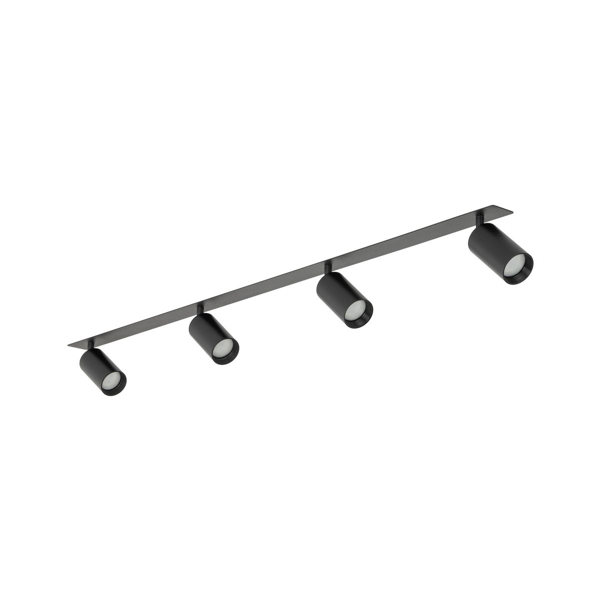Lampa sufitowa podtynkowa Amis w kolorze czarnym, z czterema reflektorami typu GU10. Ujęcie z boku, ukazujące równą, prostokątną listwę montażową oraz cylindryczne klosze skierowane w dół. Prosta, nowoczesna forma.