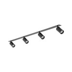 Lampa sufitowa podtynkowa Amis w kolorze czarnym, z czterema reflektorami typu GU10. Ujęcie z boku, ukazujące równą, prostokątną listwę montażową oraz cylindryczne klosze skierowane w dół. Prosta, nowoczesna forma.
