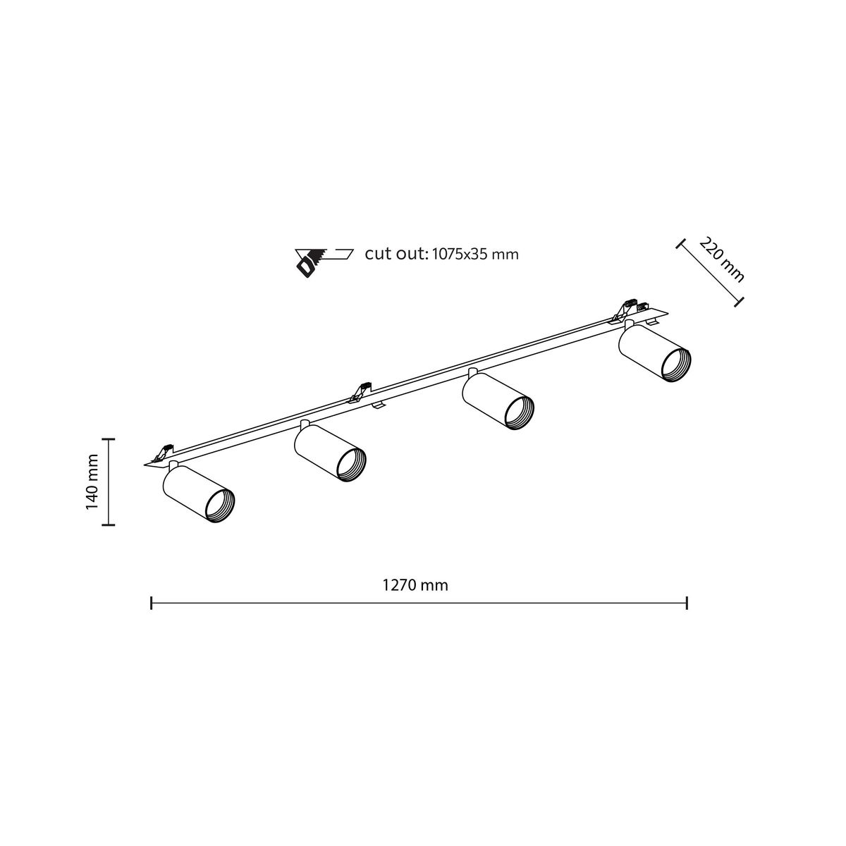 Czarna lampa sufitowa podtynkowa Amis z czterema punktami świetlnymi GU10. Wymiary: długość 1270 mm, wysokość 220 mm, głębokość 140 mm. Ujęcie z boku, ukazujące detale konstrukcji oraz miejsce na montaż.