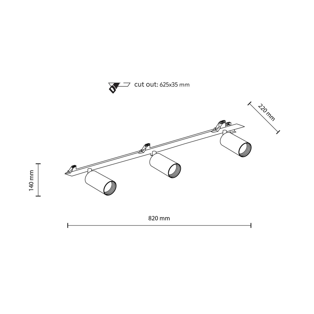Lampa sufitowa podtynkowa Amis z trzema spotami na żarówki GU10, w kolorze czarnym. Ujęcie z boku, pokazujące wymiary: długość 820 mm, wysokość 140 mm, głębokość 220 mm. Elementy montażowe widoczne na górze. Idealna do nowoczesnych wnętrz.