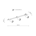 Lampa sufitowa podtynkowa Amis z trzema spotami na żarówki GU10, w kolorze czarnym. Ujęcie z boku, pokazujące wymiary: długość 820 mm, wysokość 140 mm, głębokość 220 mm. Elementy montażowe widoczne na górze. Idealna do nowoczesnych wnętrz.