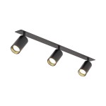 Lampa sufitowa podtynkowa Amis z trzema spotami GU10 w kolorze czarnym. Metalowa konstrukcja z cylindrycznymi kloszami, umieszczona na płaskiej listwie. Widok z góry, prezentujący elegancki design i nowoczesne wykończenie.