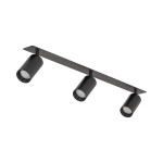 Lampa sufitowa podtynkowa Amis z trzema reflektorami GU10 w kolorze czarnym. Ułożona poziomo, z cylindrycznymi kloszami, na prostokątnej podstawie. Doskonała do oświetlenia różnych przestrzeni.