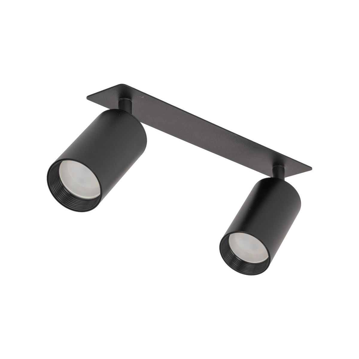 Lampa sufitowa podtynkowa Amis w kolorze czarnym z dwoma reflektorami GU10. Ujęcie z boku, ukazujące cylindryczne klosze oraz prostokątną podstawę montażową. Elementy metalowe, matowe wykończenie.