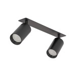 Lampa sufitowa podtynkowa Amis w kolorze czarnym z dwoma reflektorami GU10. Ujęcie z boku, ukazujące cylindryczne klosze oraz prostokątną podstawę montażową. Elementy metalowe, matowe wykończenie.