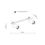 Lampa sufitowa podtynkowa Amis z dwoma reflektorami na żarówki GU10, w kolorze czarnym. Wymiary: długość 460 mm, wysokość 140 mm, głębokość 220 mm. Umożliwia montaż w sufitach podwieszanych.