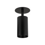 Lampa sufitowa podtynkowa Amis w kolorze czarnym, z cylindrycznym korpusem i montażem sufitowym. Wyposażona w gniazdo na żarówkę GU10, prezentowana w ujęciu frontalnym. Prosty design, idealna do nowoczesnych wnętrz.