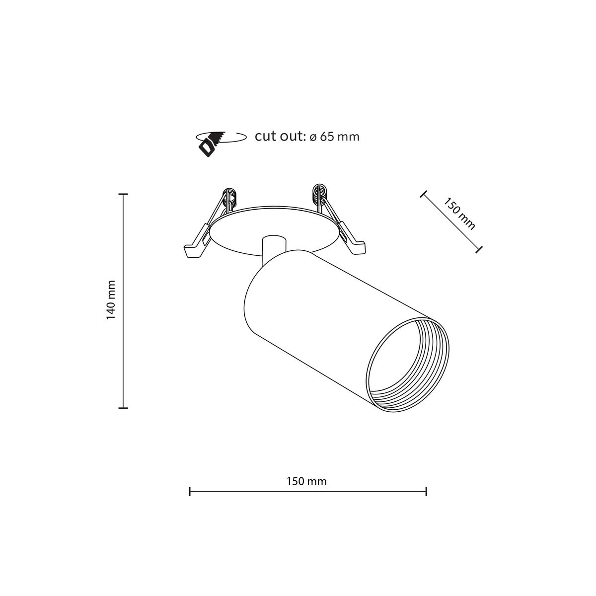 Lampa sufitowa podtynkowa Amis, czarna, z oprawą na jedną żarówkę GU10. Cylindryczny kształt o wymiarach 140 mm wysokości i 150 mm średnicy. Zainstalowana na okrągłej podstawie, z klipsami mocującymi. Wymagana średnica otworu montażowego: 65 mm.
