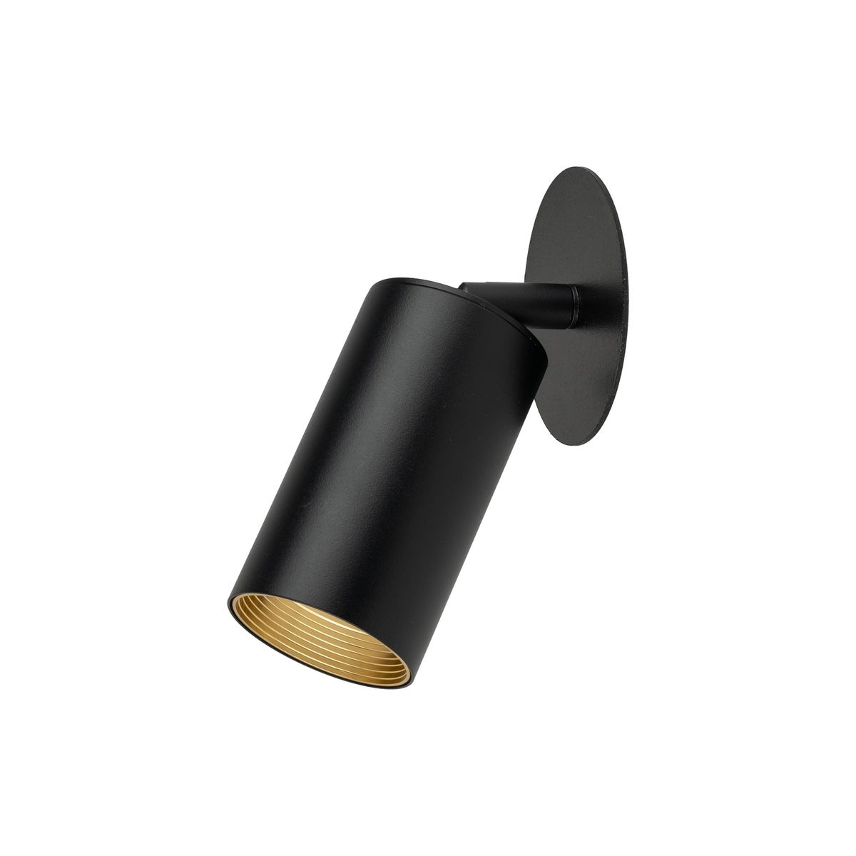 Lampa sufitowa podtynkowa Amis w kolorze czarnym, z pojedynczym gniazdem GU10. Cylindryczny kształt z matowej powierzchni i złotym wnętrzem. Montaż na ścianie lub suficie, widoczny uchwyt mocujący w kształcie owalu.