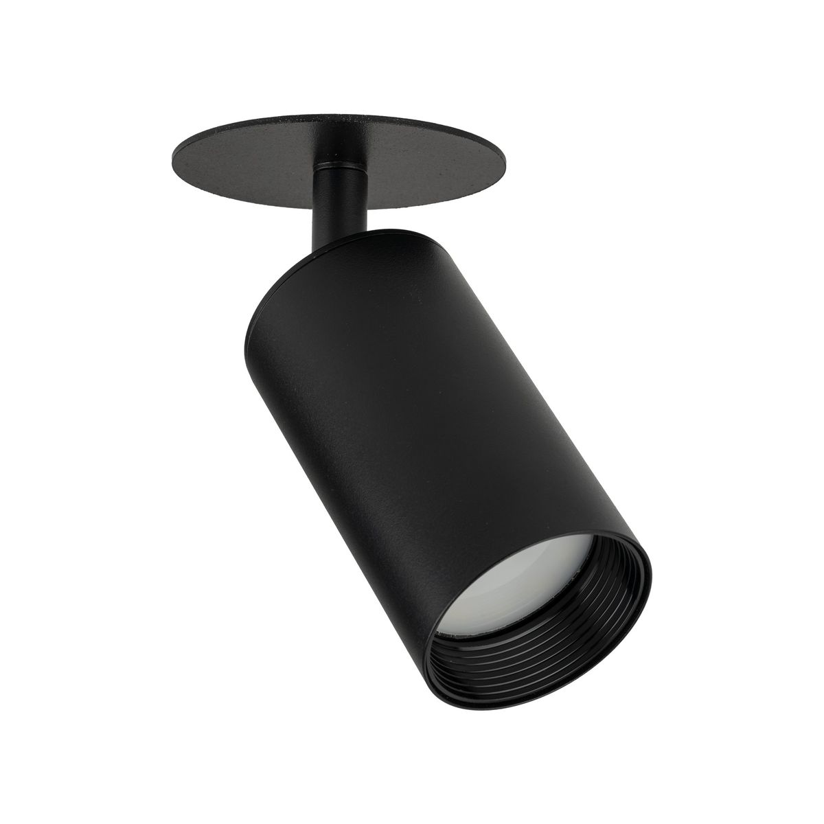 Czarna lampa sufitowa podtynkowa Amis z pojedynczym spotem na żarówkę GU10. Cylindryczny kształt z matowym wykończeniem, zamontowana na okrągłej podstawie. Ujęcie z dołu, ukazujące detale konstrukcji.