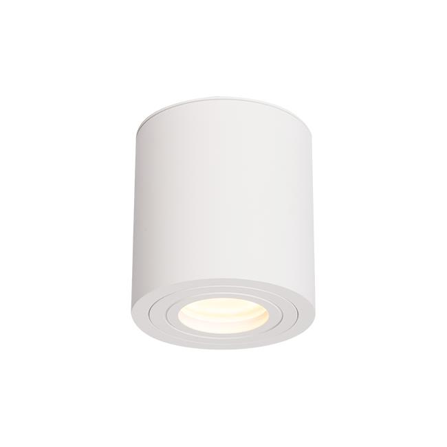 Biała lampa sufitowa tuba Aqua 2 IP54, w kształcie cylindrycznym, zamontowana na suficie. Emituje ciepłe światło z wewnętrznej oprawy. Gładka, matowa powierzchnia, idealna do łazienki. Zbliżenie na detale mocowania i krawędzi.